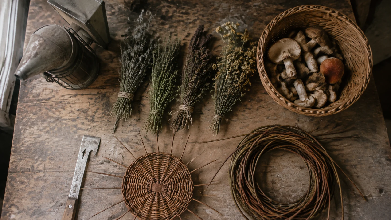Actividades en la naturaleza en Cuenca: mesa de trabajo con herramientas de oficio y material recogido en el campo