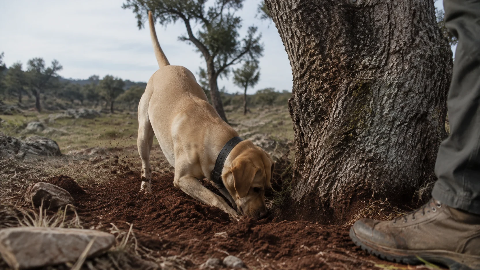 Buscar trufas con perro: perro escarbando la tierra al pie de una encina