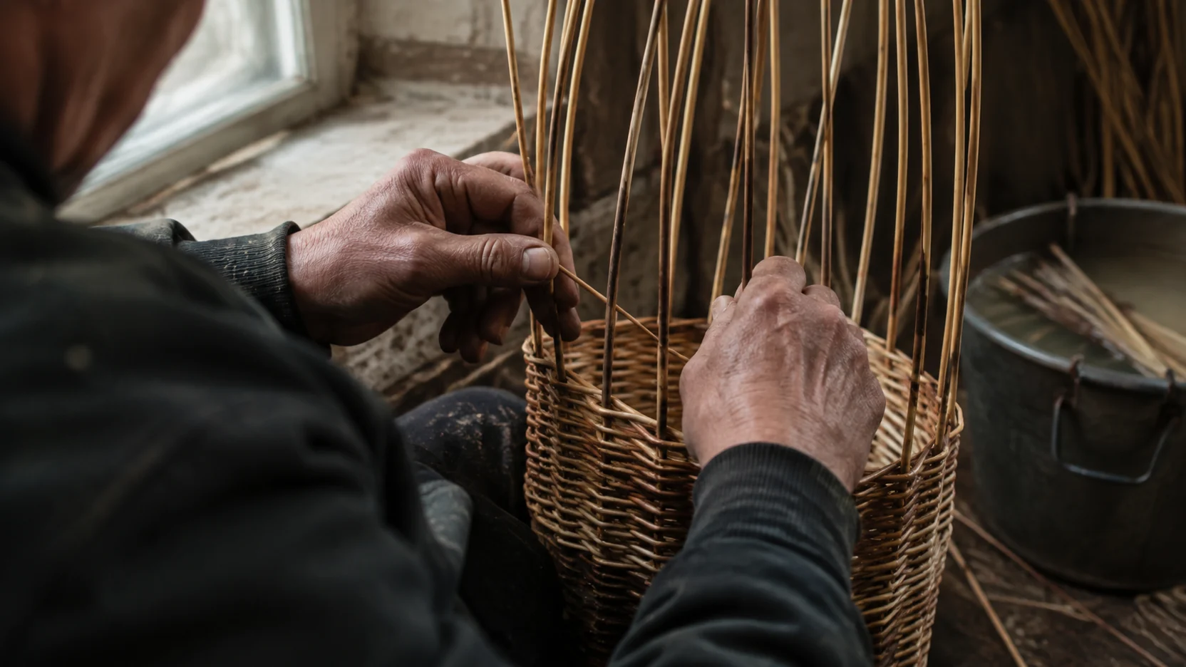 Taller de cestería: manos entretejiendo varas de mimbre sobre un cesto a medio hacer