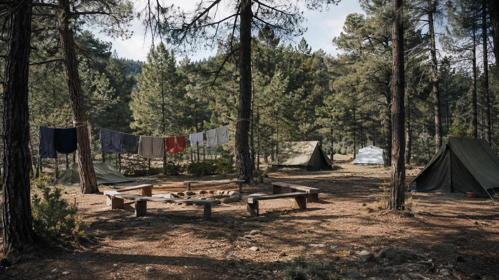 Campamentos de verano en Cuenca: tiendas y cuerdas tendidas en un claro del pinar