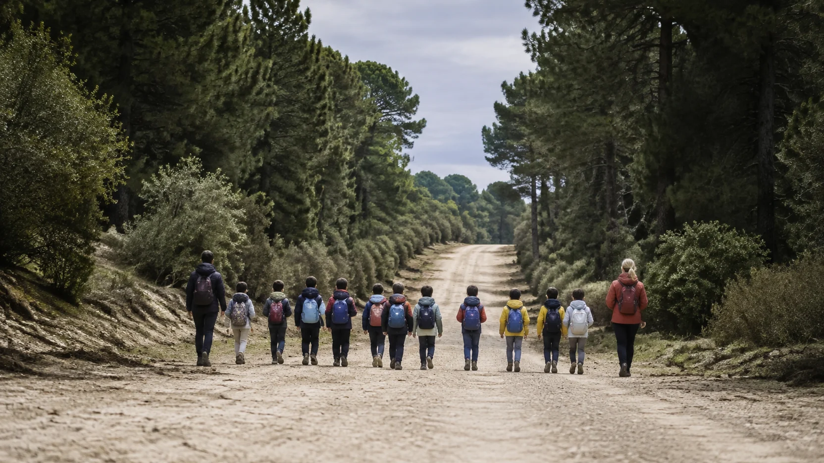 Viaje de estudios en Cuenca: fila de escolares caminando por una pista forestal, vistos de lejos y de espaldas