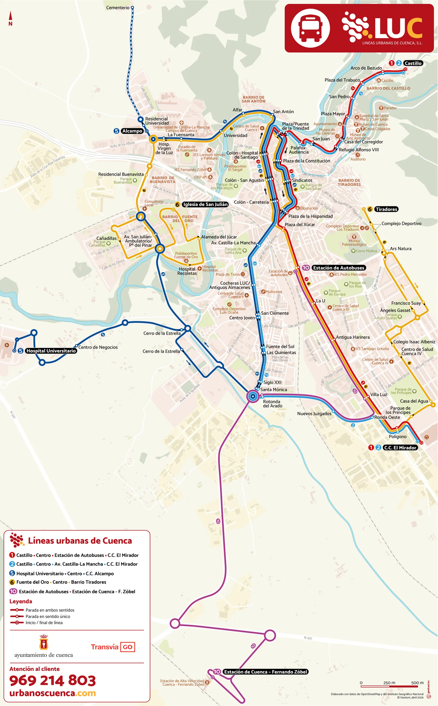 Plano de las líneas urbanas de autobús de Cuenca: las líneas 1, 2, 5, 6 y 10 sobre el callejero, con la estación de autobuses en el centro y la estación de Fernando Zóbel al sur