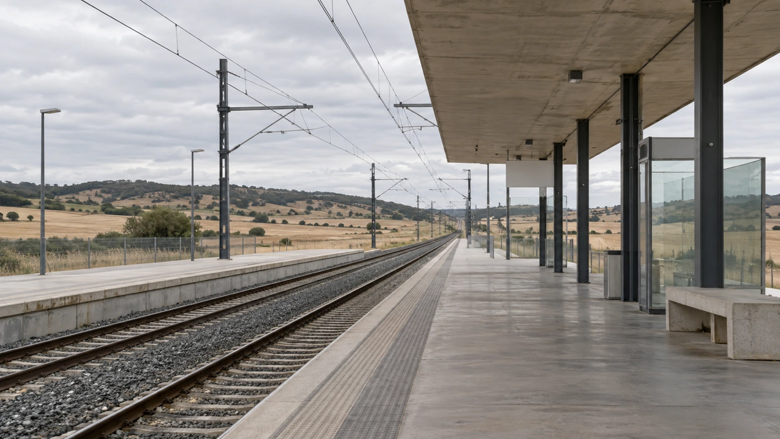 Estación de Cuenca Fernando Zóbel: andén largo y vacío con la vía de alta velocidad perdiéndose entre campos