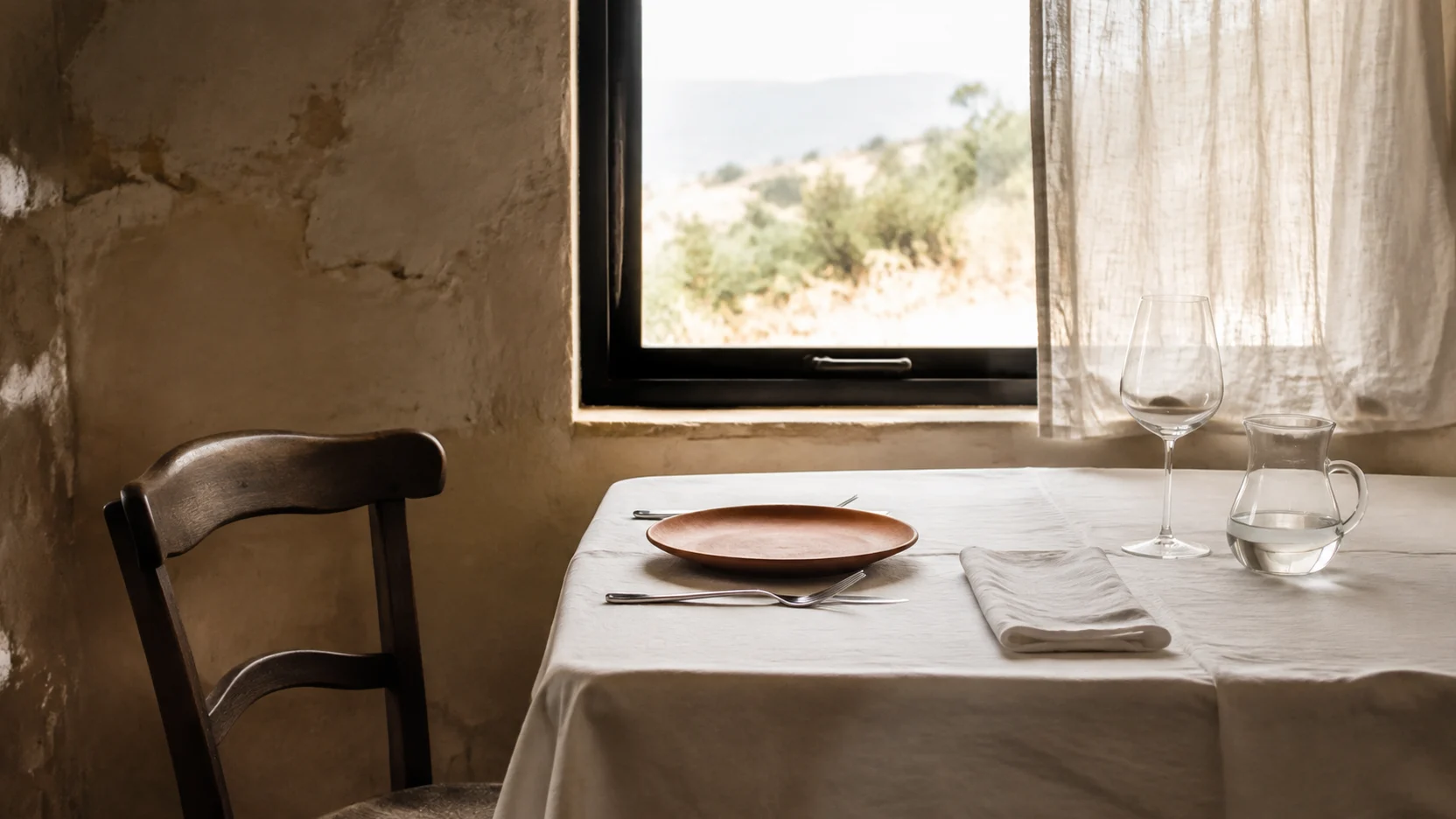 Dónde comer en Cuenca: mesa puesta con mantel de tela junto a una ventana