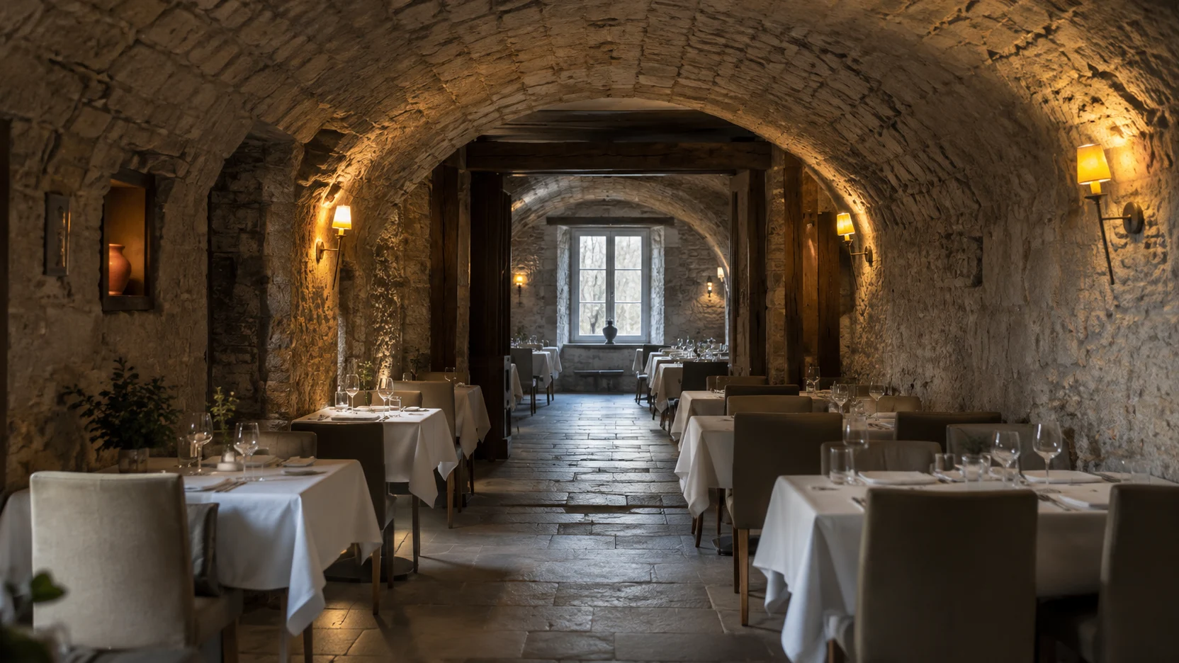 Restaurantes de Cuenca: comedor abovedado de piedra con las mesas preparadas