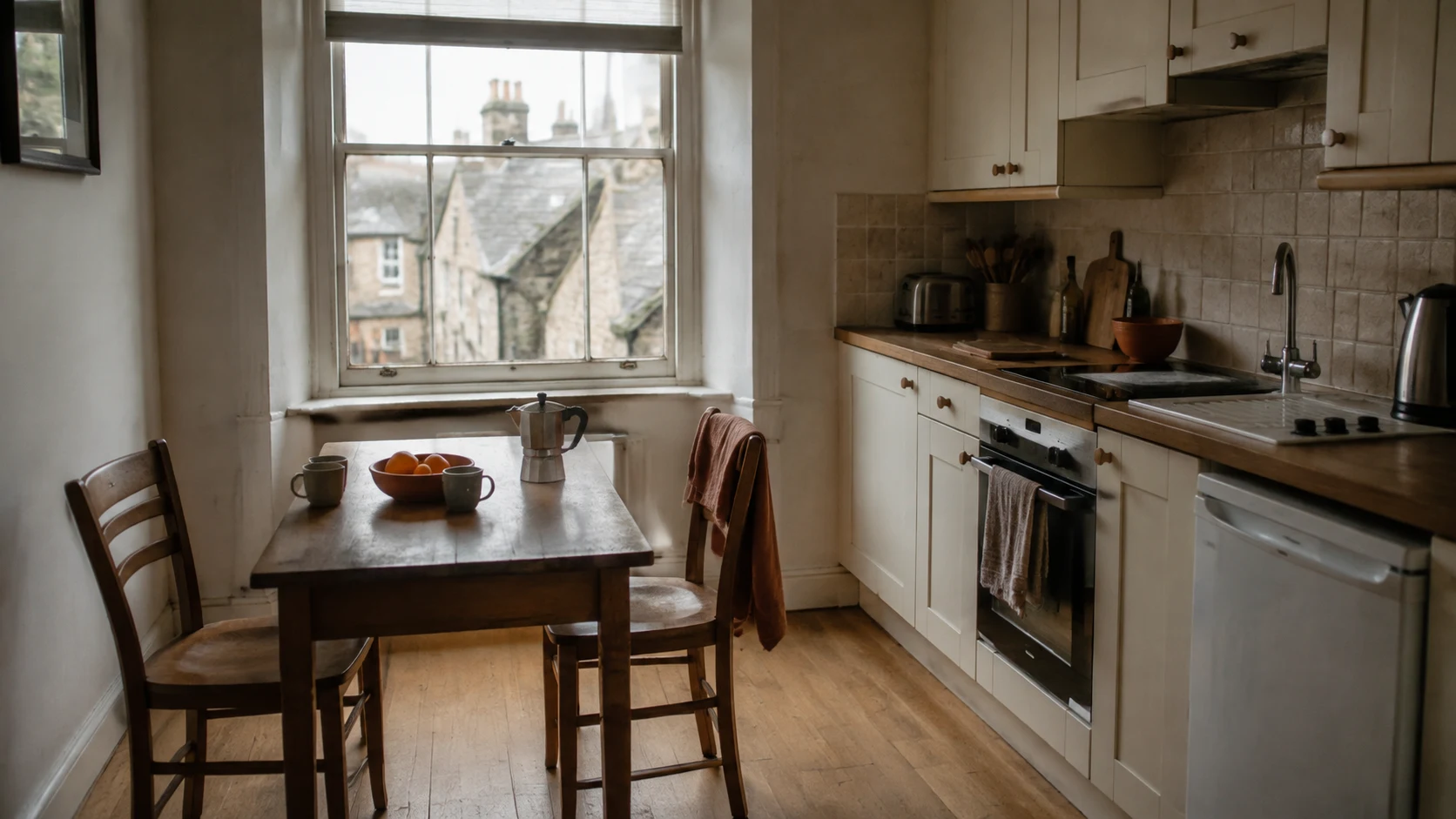Apartamentos en Cuenca: cocina pequeña y mesa para dos junto a una ventana