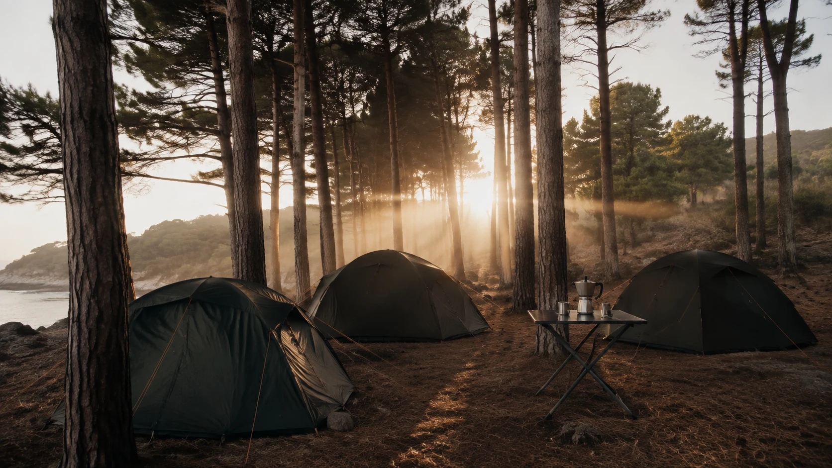 Camping en Cuenca: tiendas montadas entre pinos altos a primera hora de la mañana