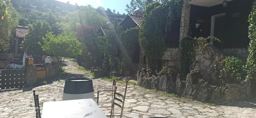 Patio de piedra de Alojamientos Turísticos La Utrera entre árboles y muros