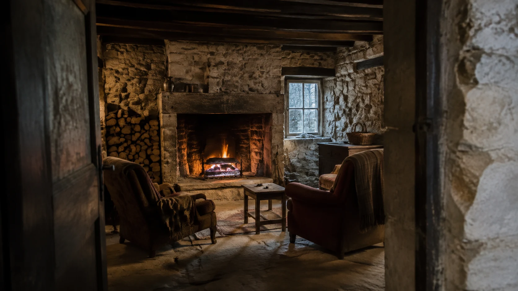 Casas rurales en Cuenca: salón con chimenea encendida, vigas de madera y sillones desparejados