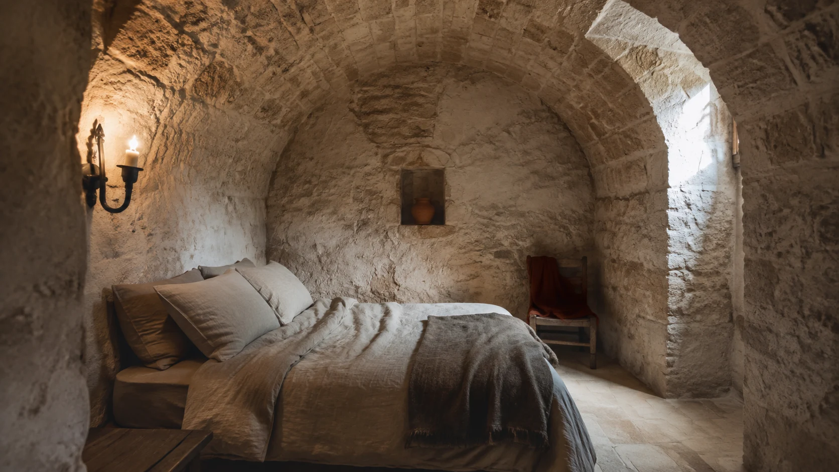 Hoteles con encanto en Cuenca: alcoba abovedada de piedra vista con ropa de cama de lino