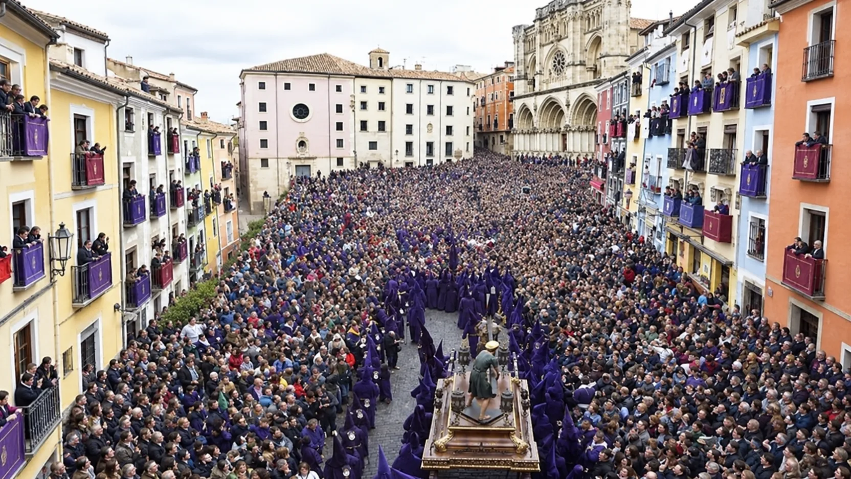 Nazarenos de morado y el paso de las Turbas entrando en la plaza Mayor de Cuenca ante la catedral