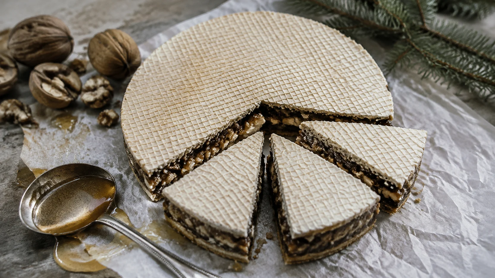 Alajú cortado en porciones sobre sus obleas, con nueces y miel alrededor