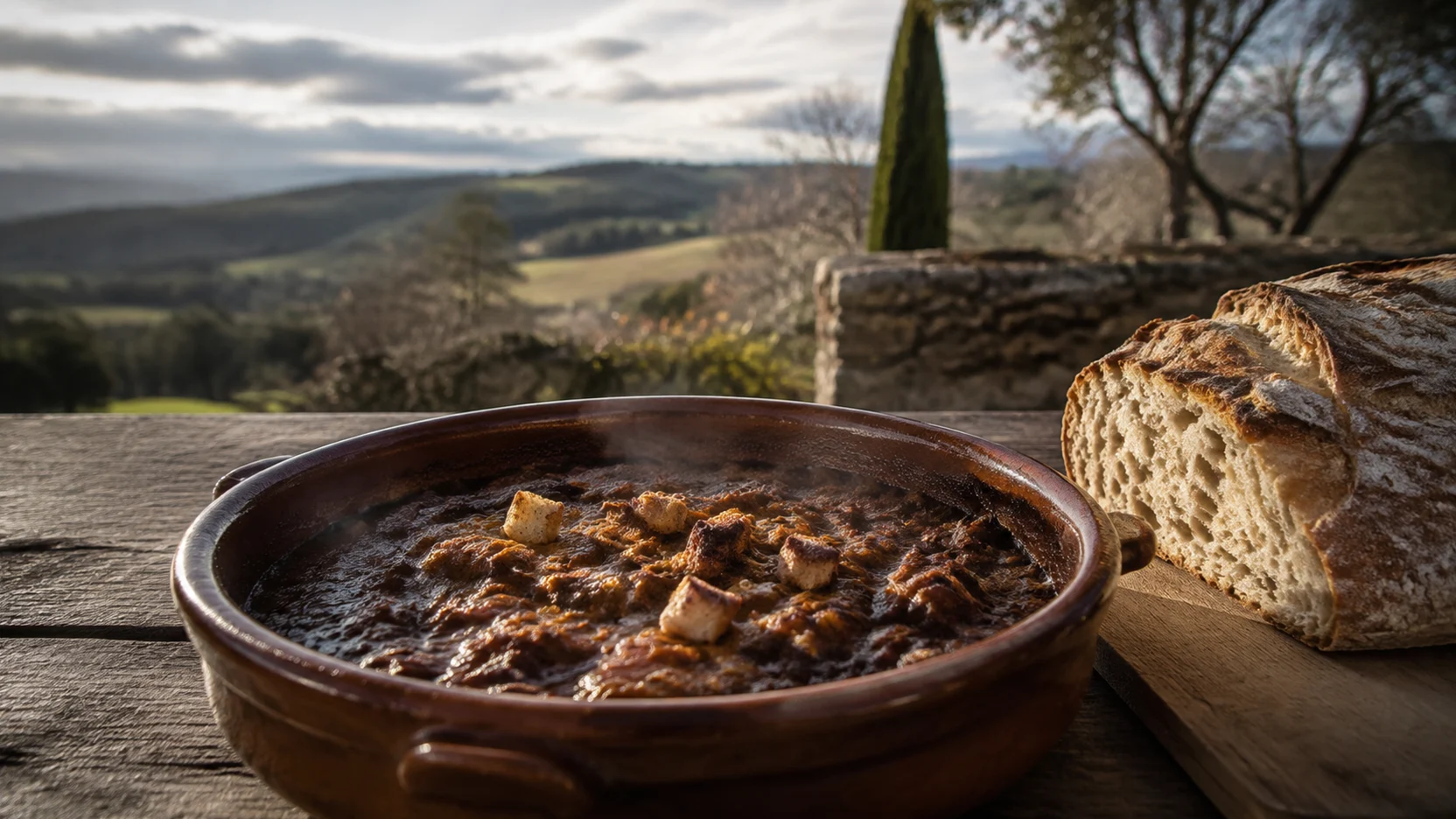 Morteruelo servido en cazuela de barro con picatostes y pan al lado