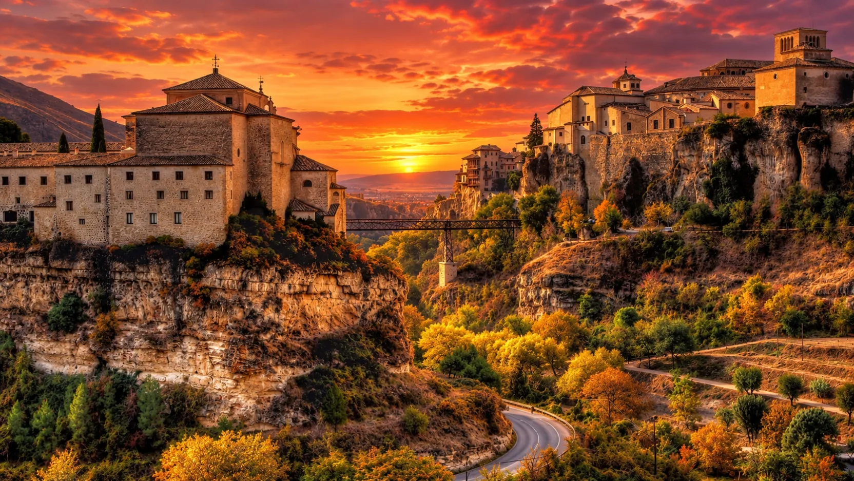 Cuenca al atardecer: la hoz del Huécar con el Parador y el puente de San Pablo a un lado y el casco antiguo con las Casas Colgadas sobre la roca al otro