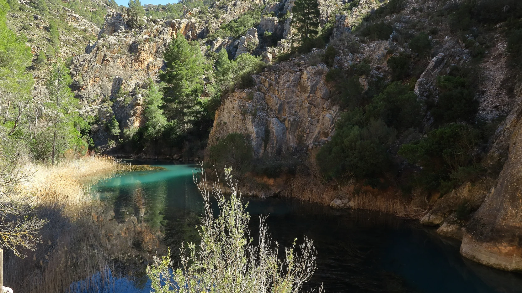 Cañón estrecho con paredes de roca desnuda y un río al fondo
