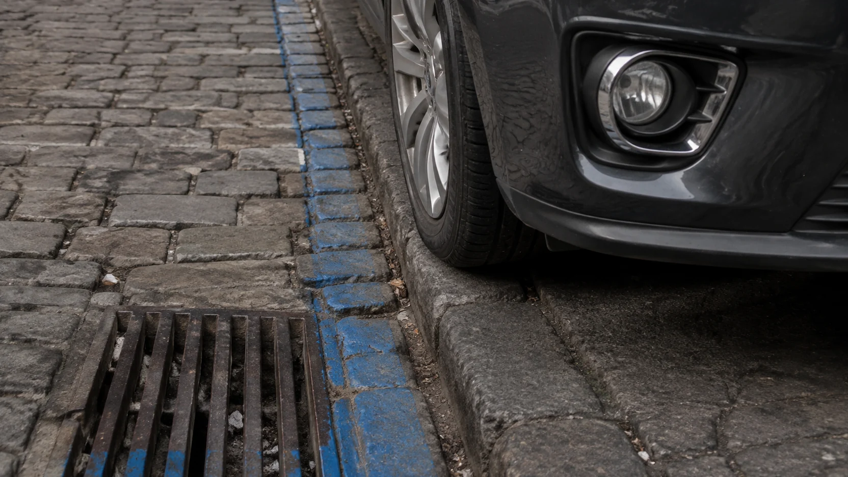 Aparcar en Cuenca: rueda de un coche junto a la línea azul pintada sobre el adoquinado de una cuesta