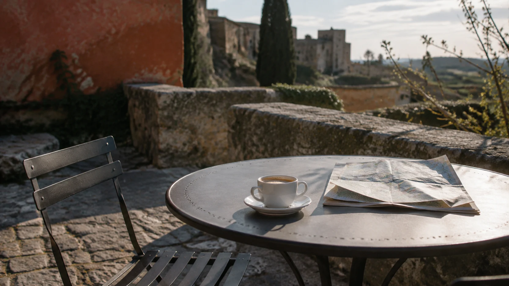 Qué ver en Cuenca en un día: café y plano doblado en una mesa de terraza a primera hora