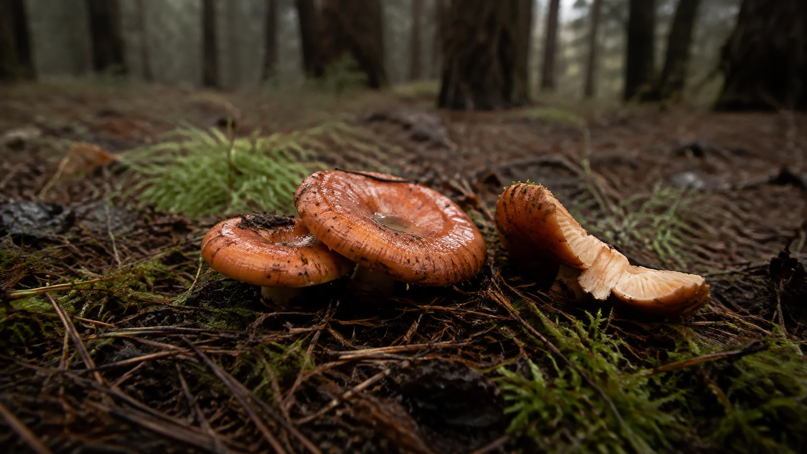 Níscalos entre la pinocha húmeda de un pinar en otoño