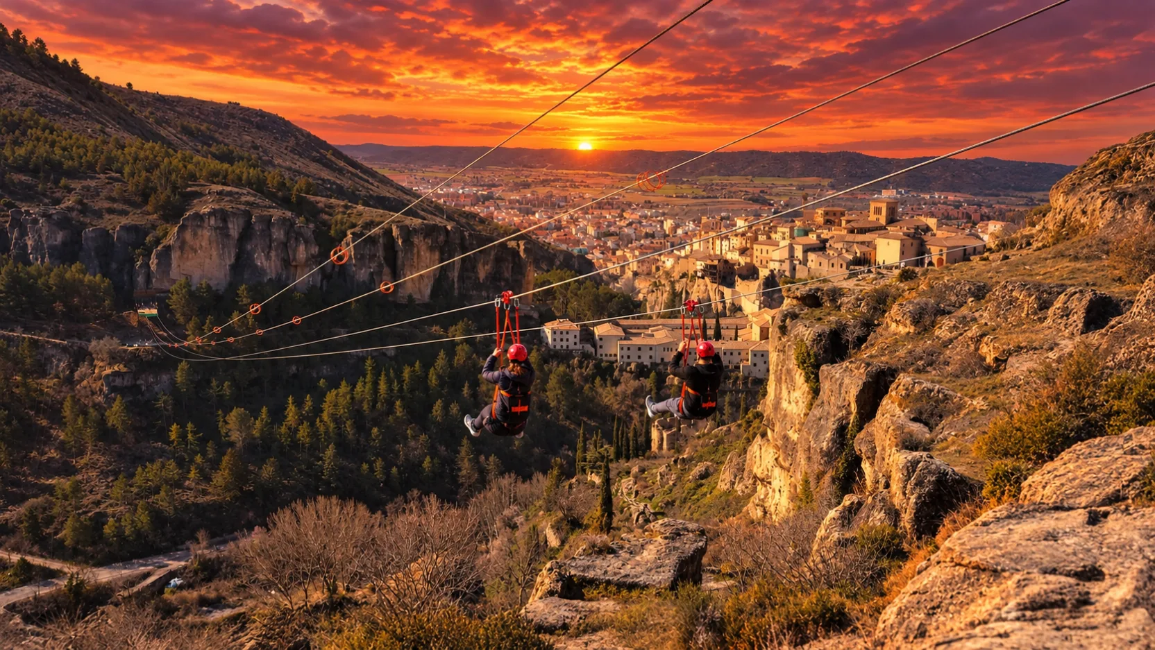 Tirolina en Cuenca: dos personas cruzando la hoz colgadas del cable, con el casco antiguo al fondo al atardecer